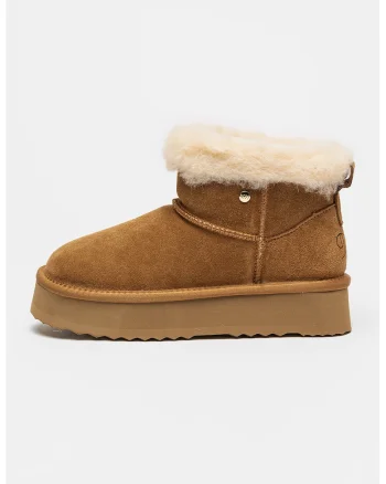 Ghete slip-on din piele intoarsa cu captuseala din blana sintetica Elena, Maro camel