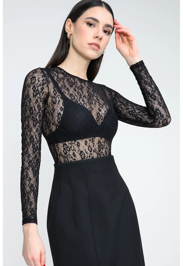 Body semitransparent cu maneci lungi, Negru