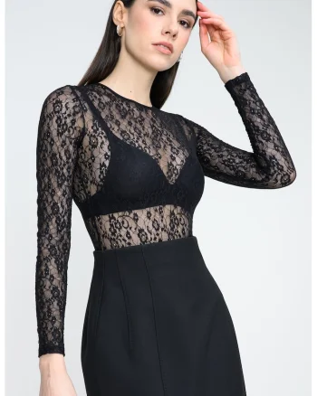 Body semitransparent cu maneci lungi, Negru