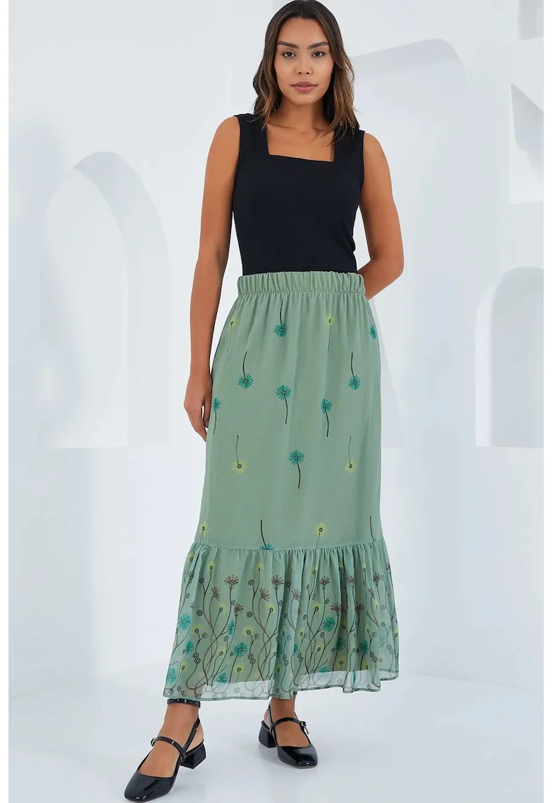 Fusta maxi  imprimeu floral, verde pin, textil