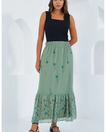 Fusta maxi  imprimeu floral, verde pin, textil
