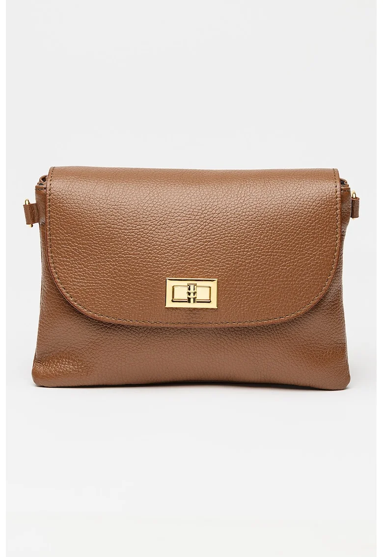 Geanta crossbody din piele cu clapa si bareta detasabila, Maro