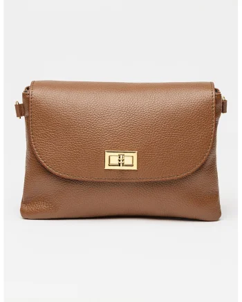 Geanta crossbody din piele cu clapa si bareta detasabila, Maro