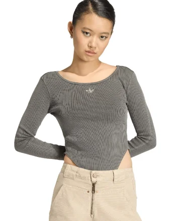 Body slim fit cu stritatii si decolteu barcuta, Grej