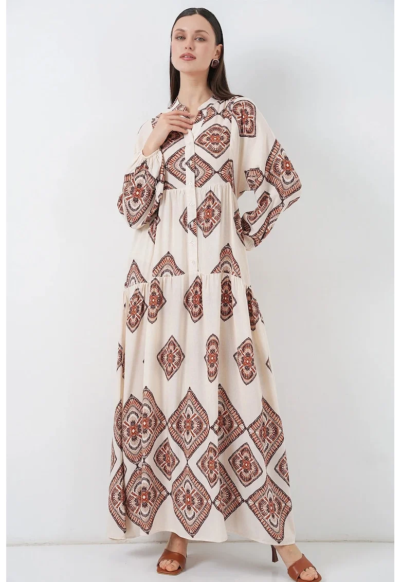 Rochie maxi  imprimeu, decolteu in V, bej, textil