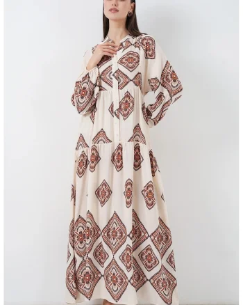 Rochie maxi  imprimeu, decolteu in V, bej, textil
