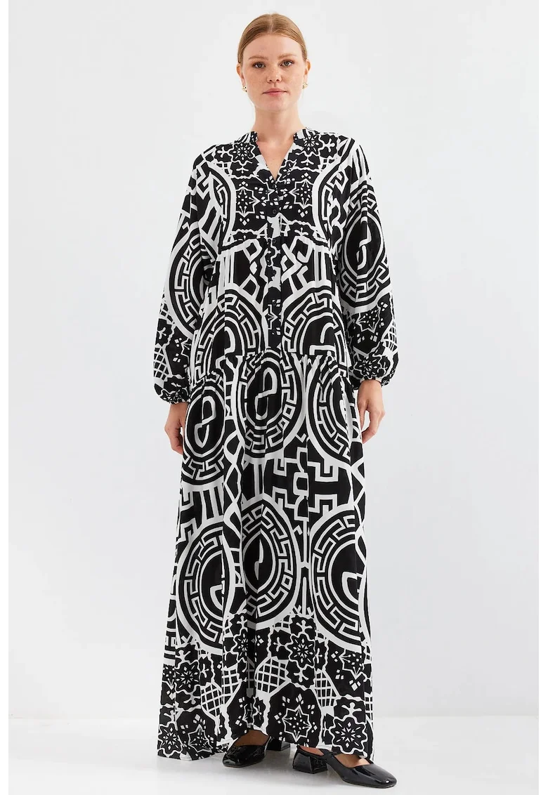 Rochie maxi  decolteu in V, negru/alb, textil