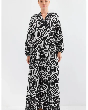 Rochie maxi  decolteu in V, negru/alb, textil