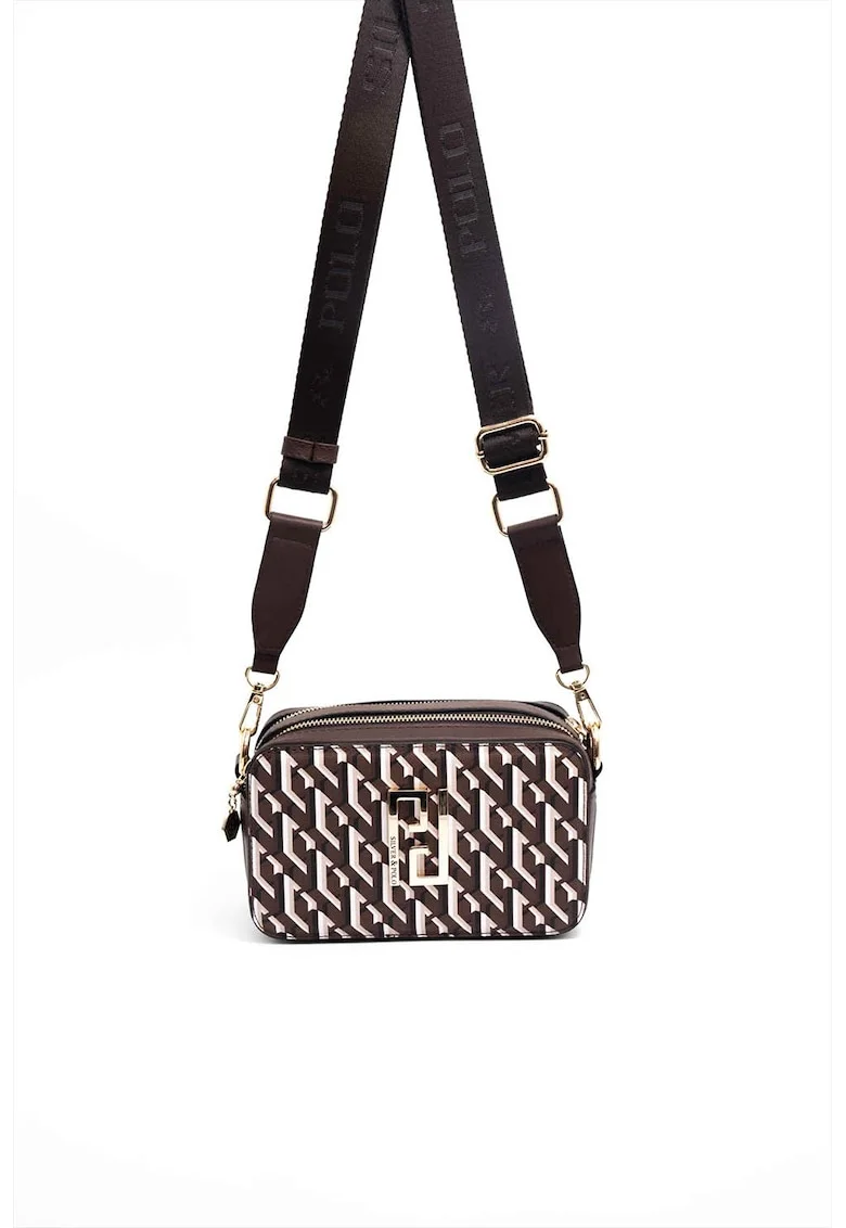 Geanta crossbody de piele ecologica, Alb/Maro inchis, 13 x 20 x 8 cm