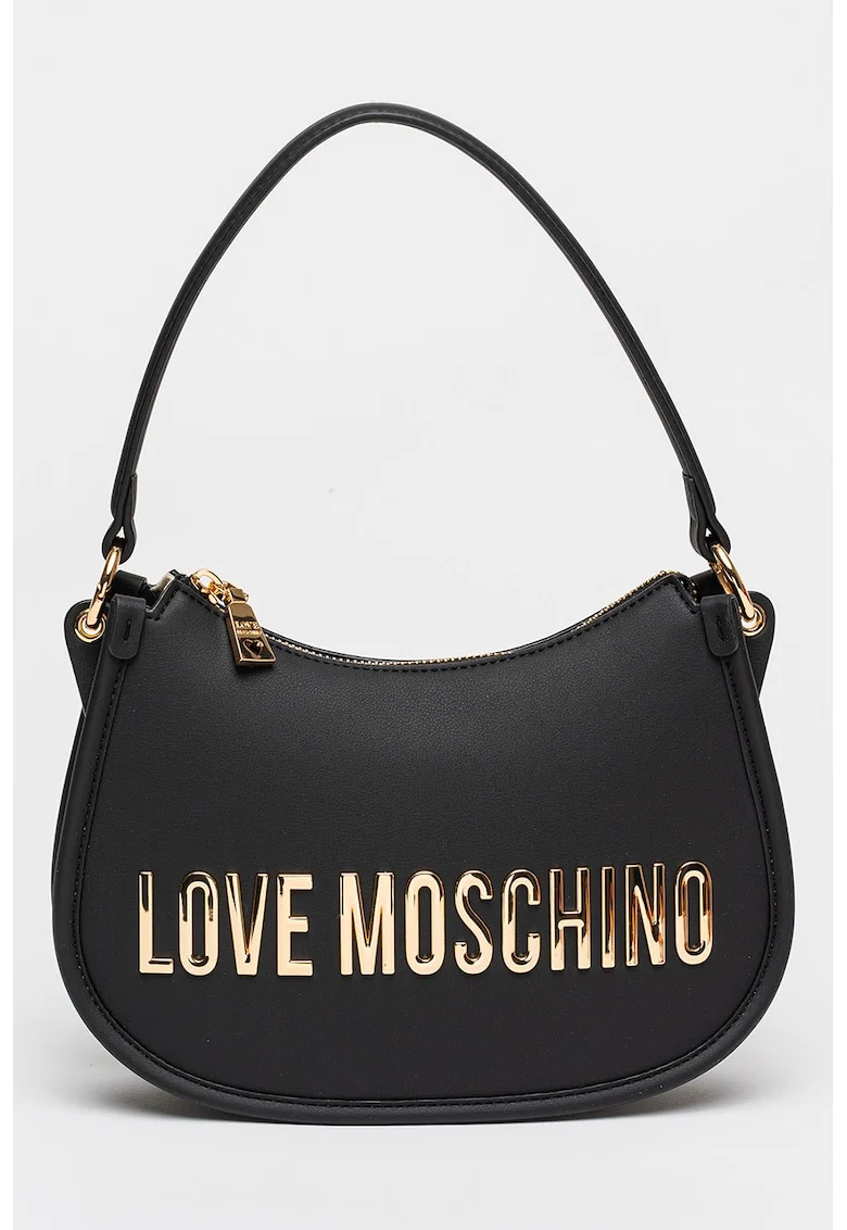 Geanta crossbody de piele ecologica cu logo metalic, Negru