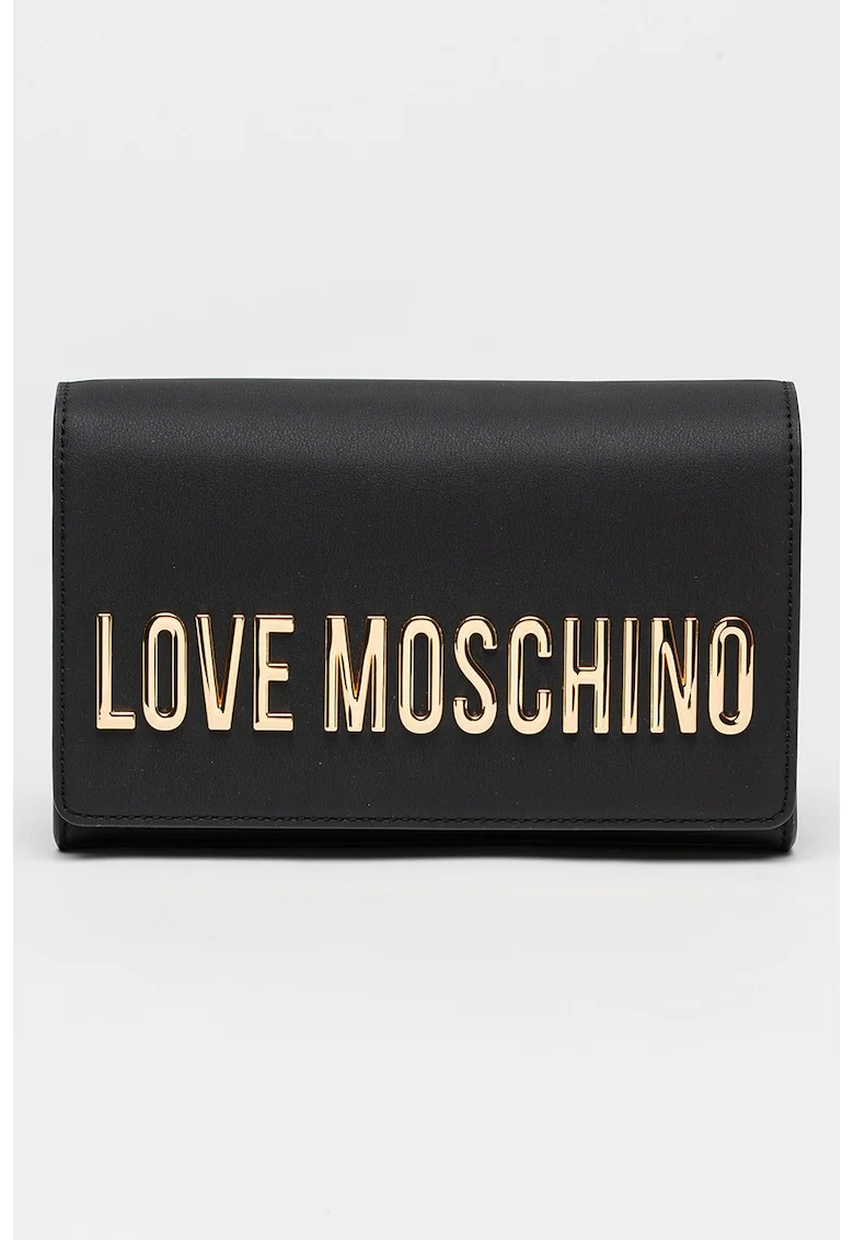 Geanta crossbody de piele ecologica cu bareta din lant si logo metalic, Negru