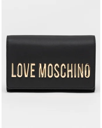 Geanta crossbody de piele ecologica cu bareta din lant si logo metalic, Negru