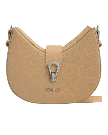 Geanta crossbody din piele cu logo metalic, Bej