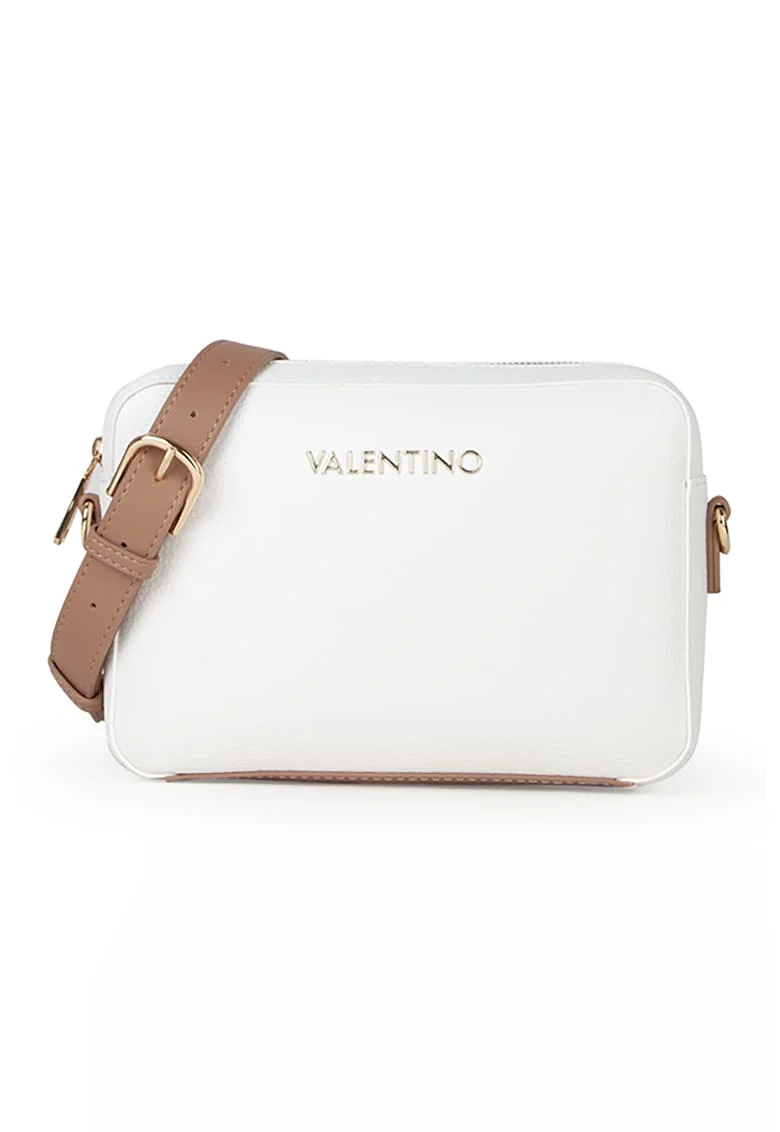 Geanta crossbody din piele ecologica cu logo metalic Alexia, Maro inchis/Alb optic