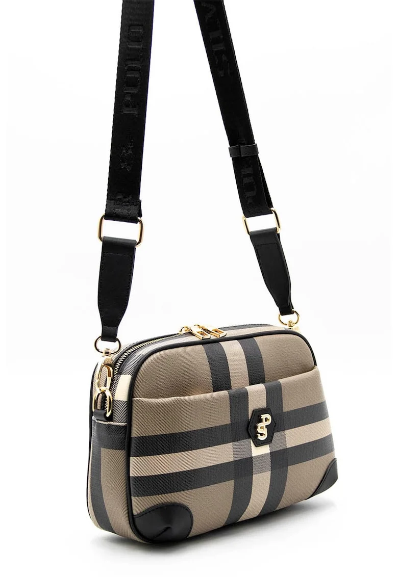 Geanta crossbody cu bareta detasabila, Maro camel/Gri antracit