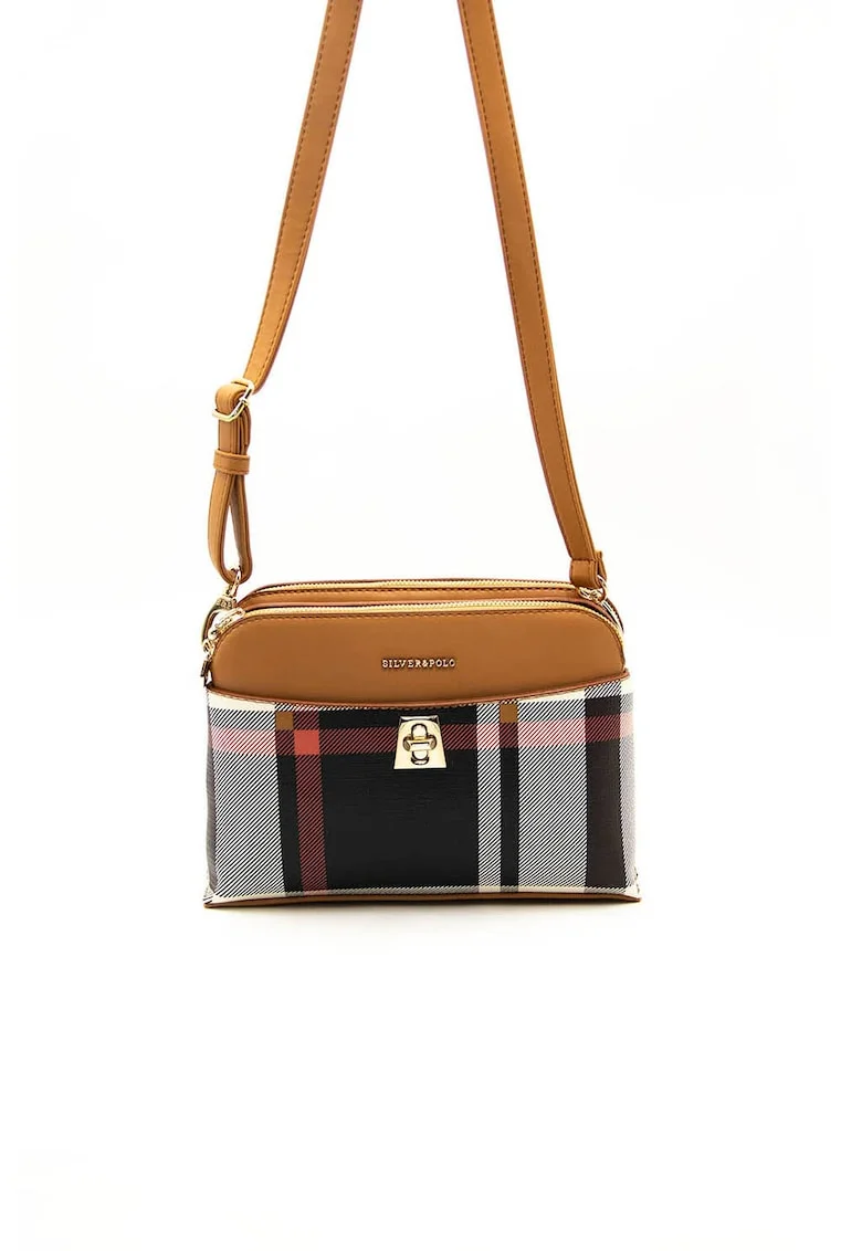 Geanta crossbody de piele ecologica cu model in carouri, Negru/Maro deschis