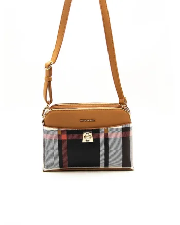 Geanta crossbody de piele ecologica cu model in carouri, Negru/Maro deschis