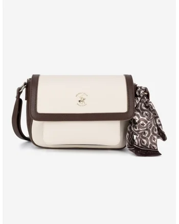 Geanta crossbody cu detalii contrastante, Maro inchis/Alb murdar