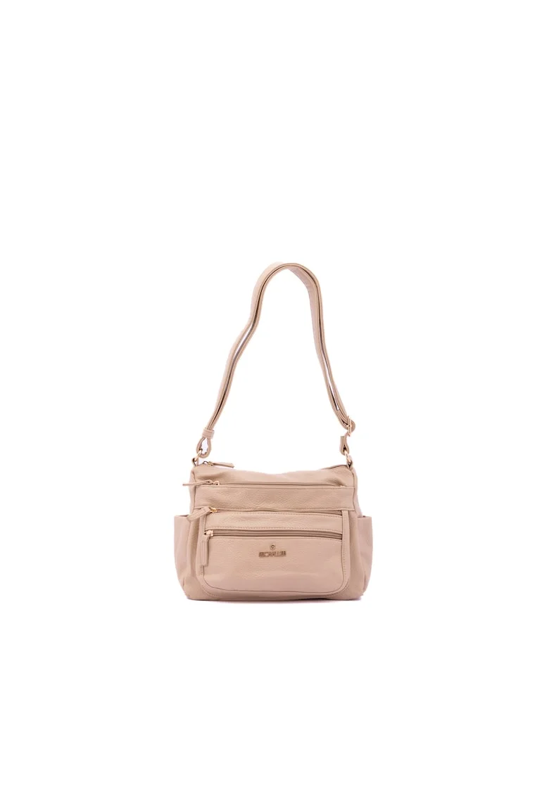Geanta crossbody din piele ecologica cu detaliu logo, Maro camel