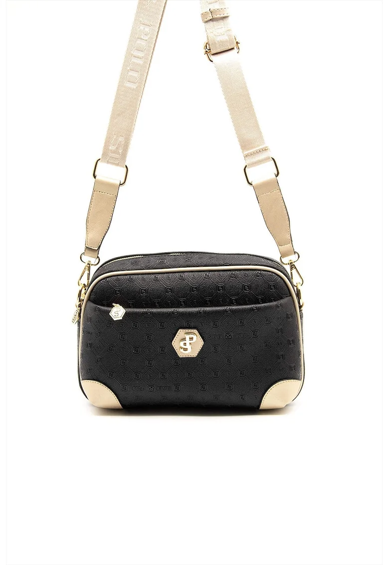 Geanta crossbody cu buzunare cu fermoar, Negru/Maro camel