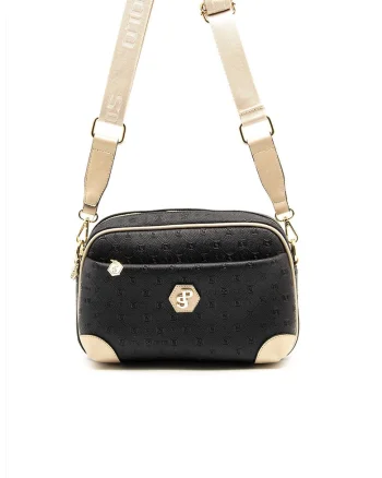 Geanta crossbody cu buzunare cu fermoar, Negru/Maro camel