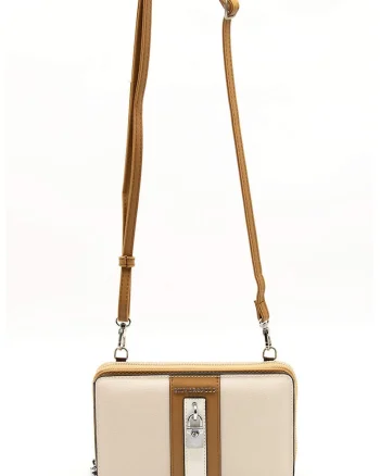 Geanta crossbody mica din piele ecologica, Maro camel/Bej deschis