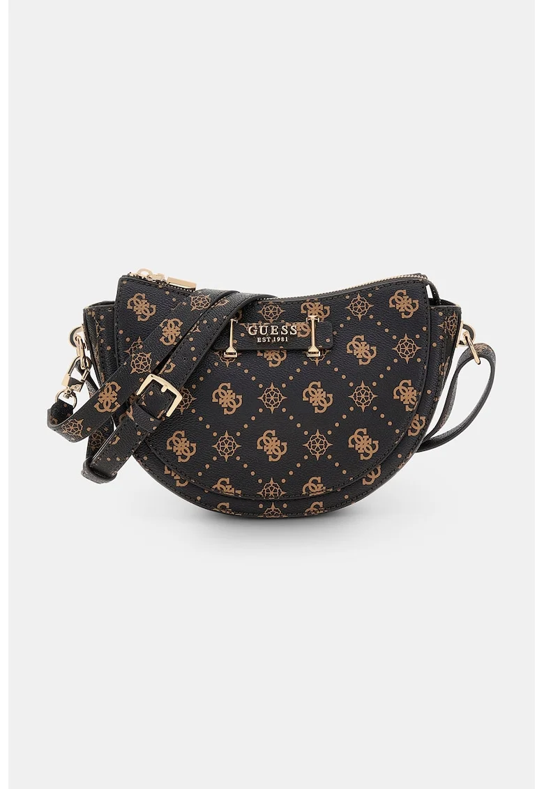 Geanta crossbody cu model monograma, Negru/Maro camel