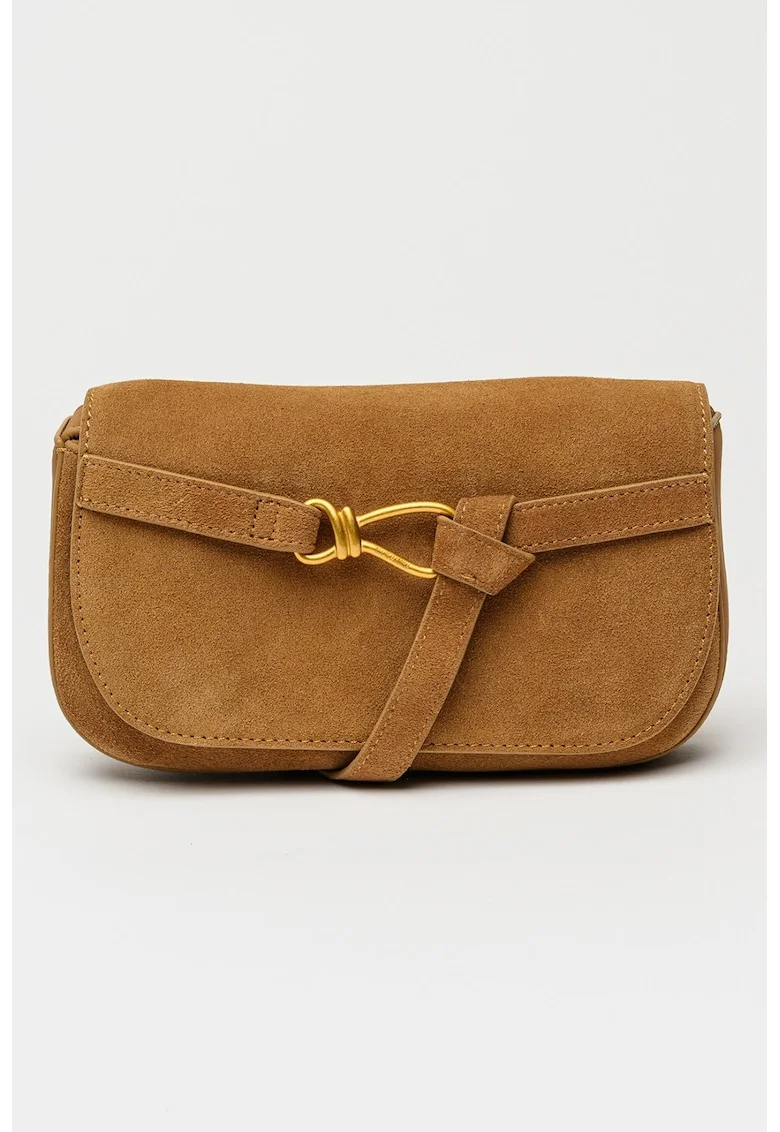 Geanta crossbody de piele intoarsa Klare, Maro camel