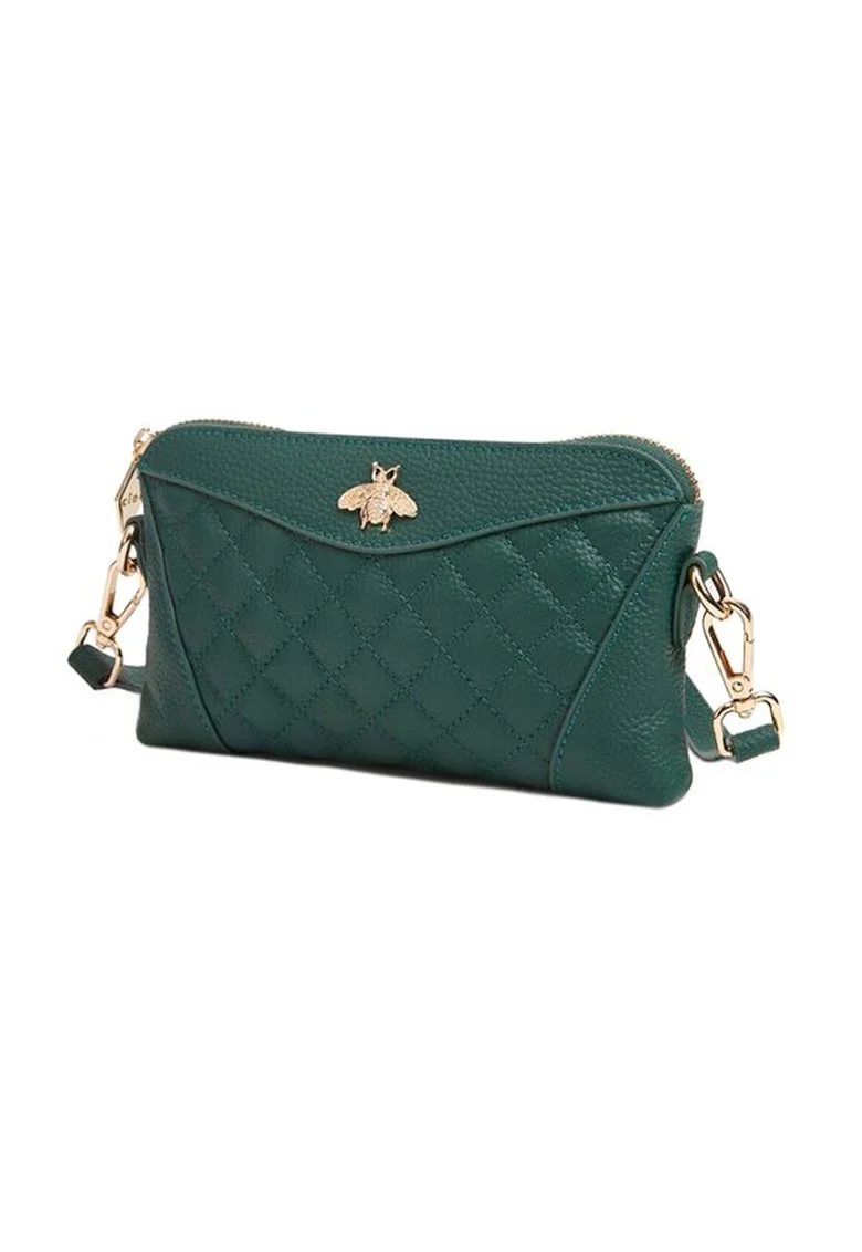 Geanta crossbody matlasata din piele cu detaliu metalic, Verde englez