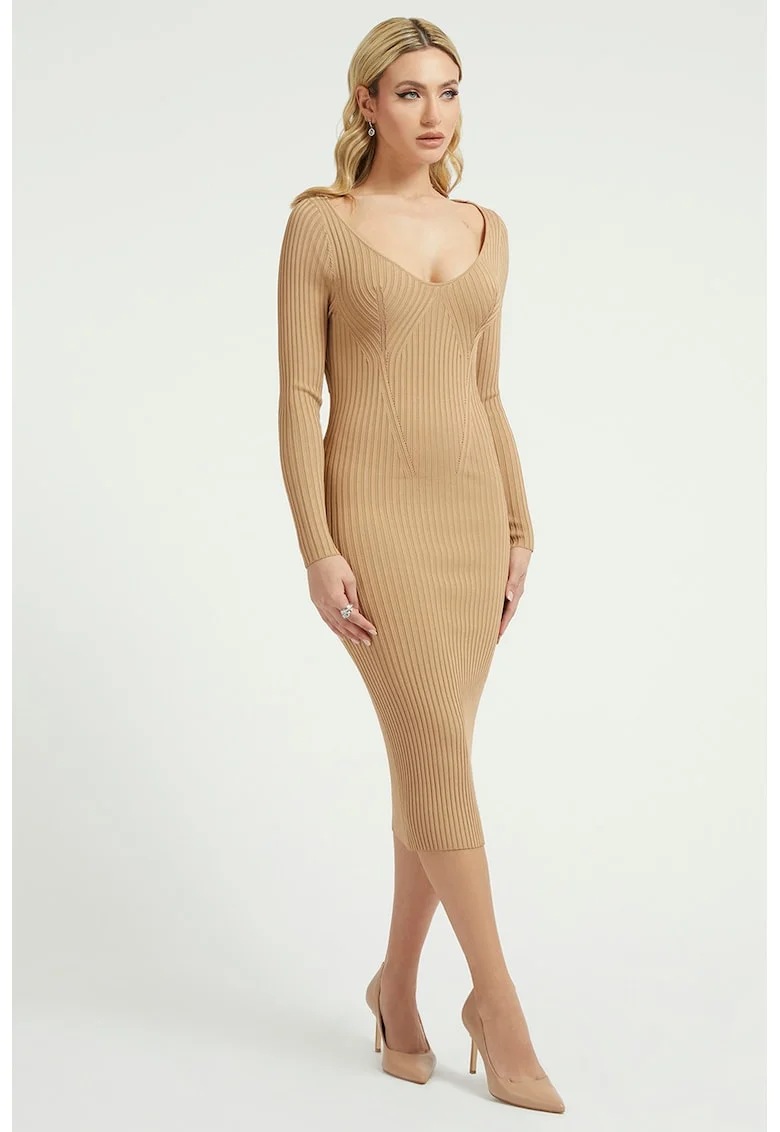 Rochie midi bodycon cu aspect tricotat, Bej