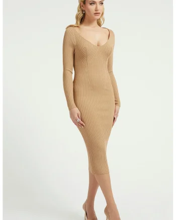 Rochie midi bodycon cu aspect tricotat, Bej