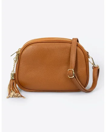 Geanta crossbody din piele cu bareta detasabila, Maro deschis