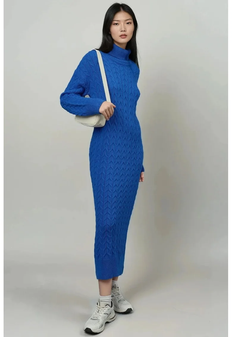 Rochie tricotata,  guler inalt, model impletit, albastru cobalt, acril, One Size