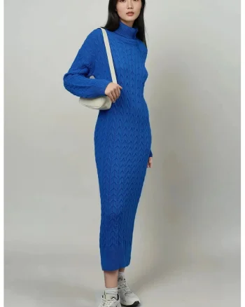 Rochie tricotata,  guler inalt, model impletit, albastru cobalt, acril, One Size