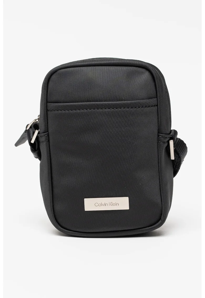 Geanta crossbody cu logo metalic, Negru