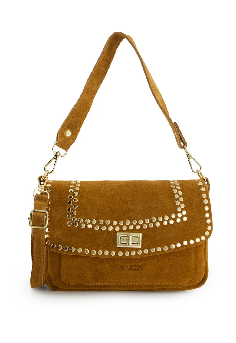 Geanta crossbody din piele intoarsa cu aplicatii metalice