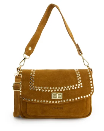 Geanta crossbody din piele intoarsa cu aplicatii metalice