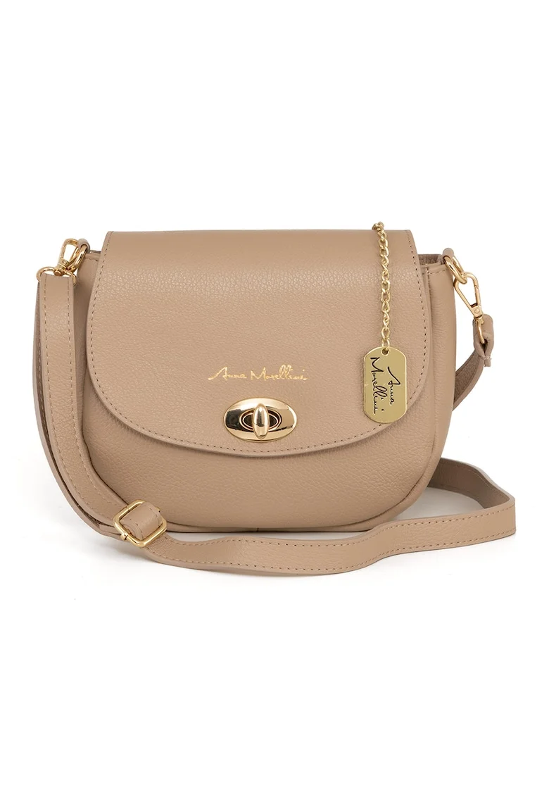 Geanta crossbody din piele cu clapa, Maro camel