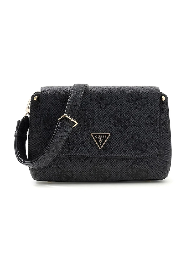 Geanta crossbody cu clapa si model monograma Meridian, Negru