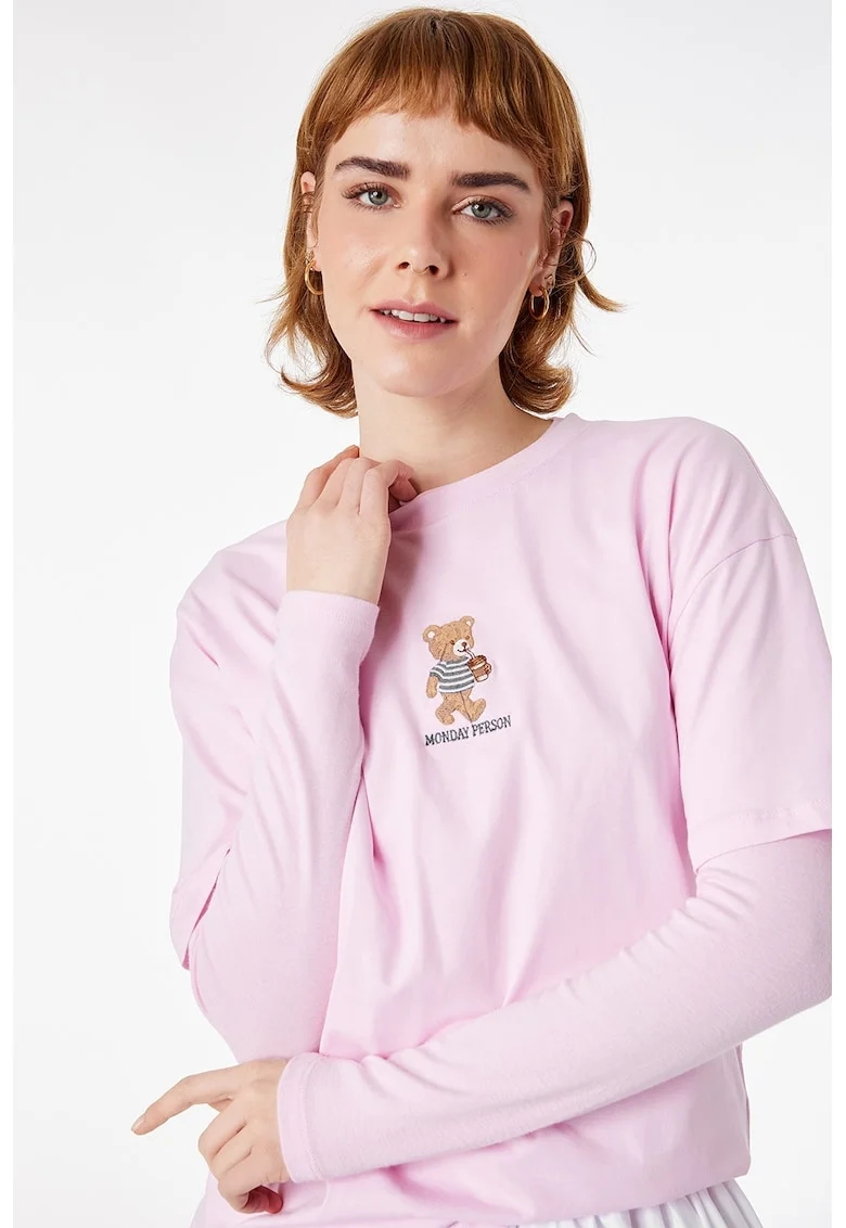 Tricou regular fit cu decolteu la baza gatului, Roz pastel