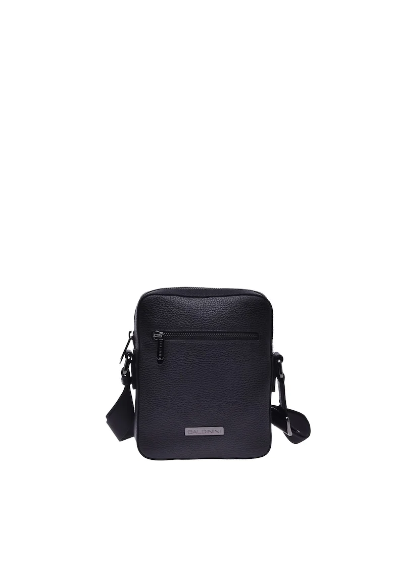Geanta crossbody de piele cu logo metalic discret si model uni, Negru