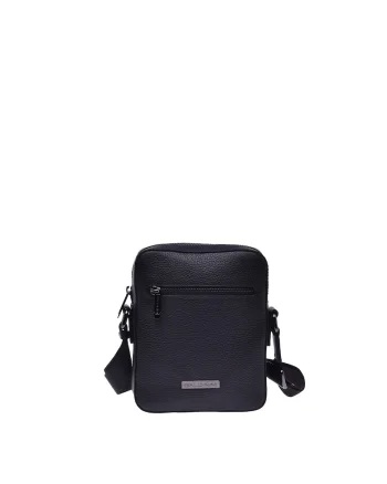 Geanta crossbody de piele cu logo metalic discret si model uni, Negru