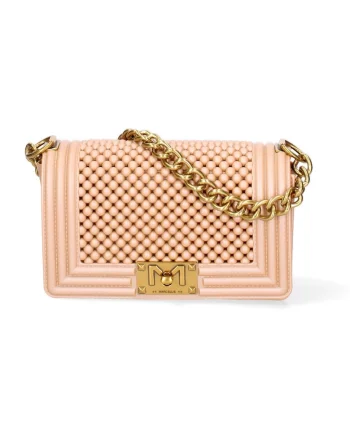 Geanta crossbody cu clapa si maner din lant, Galben deschis/Argintiu