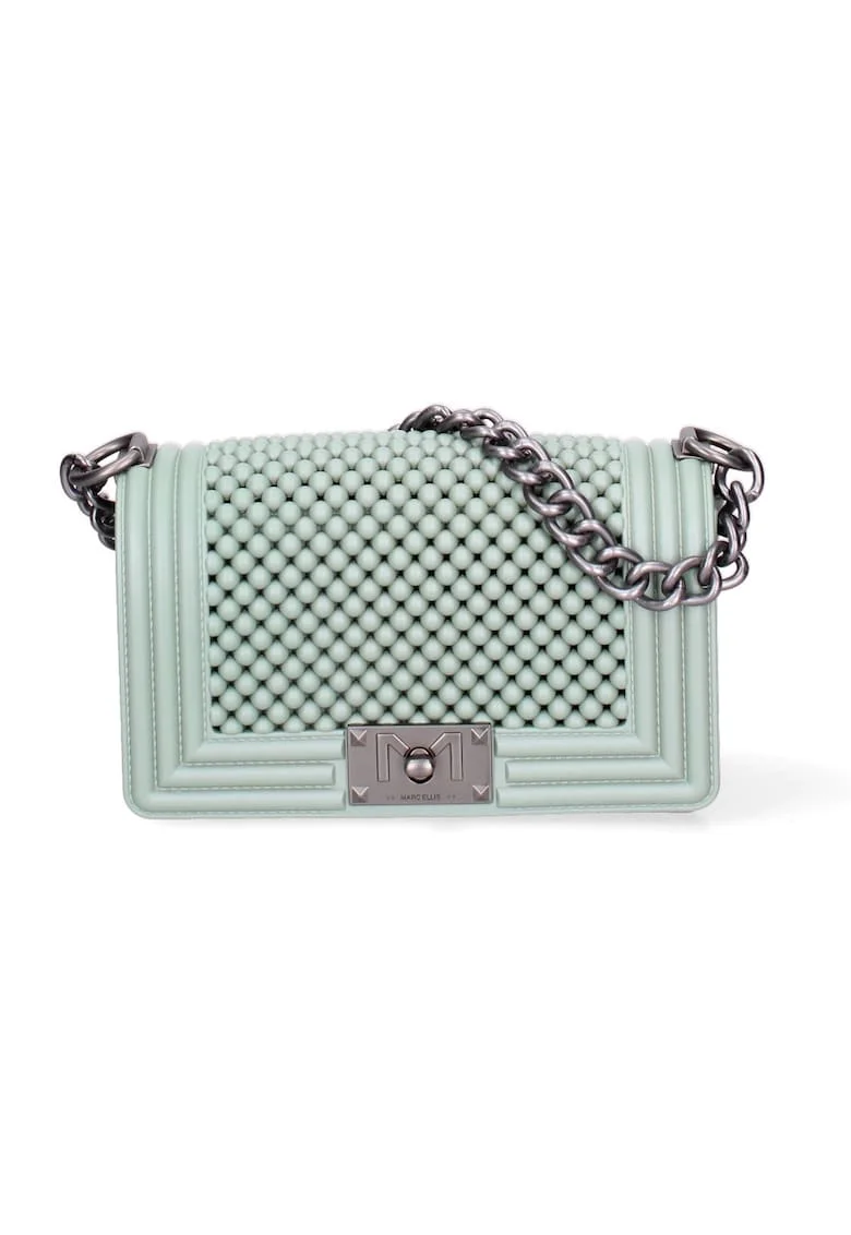 Geanta crossbody cu clapa si maner din lant, Verde deschis/Argintiu