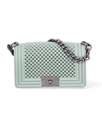 Geanta crossbody cu clapa si maner din lant, Verde deschis/Argintiu