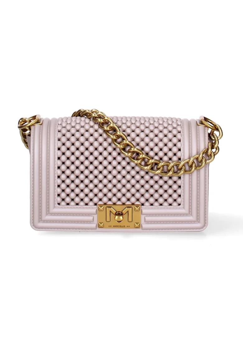 Geanta crossbody cu clapa si maner din lant, Bej/Auriu deschis