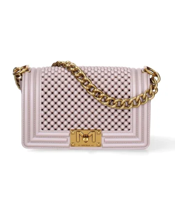 Geanta crossbody cu clapa si maner din lant, Bej/Auriu deschis