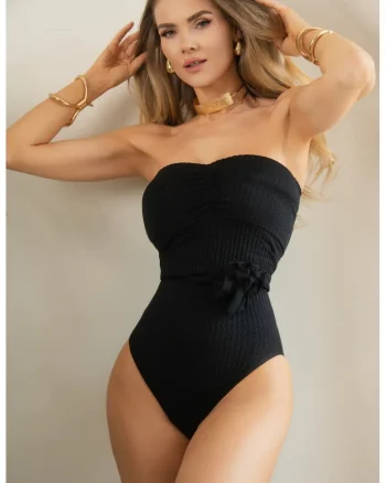 Costum de Baie "Crinkle Contour" Tip "Body Intreg Bandeau cu Cupe Detasabile" - Negru