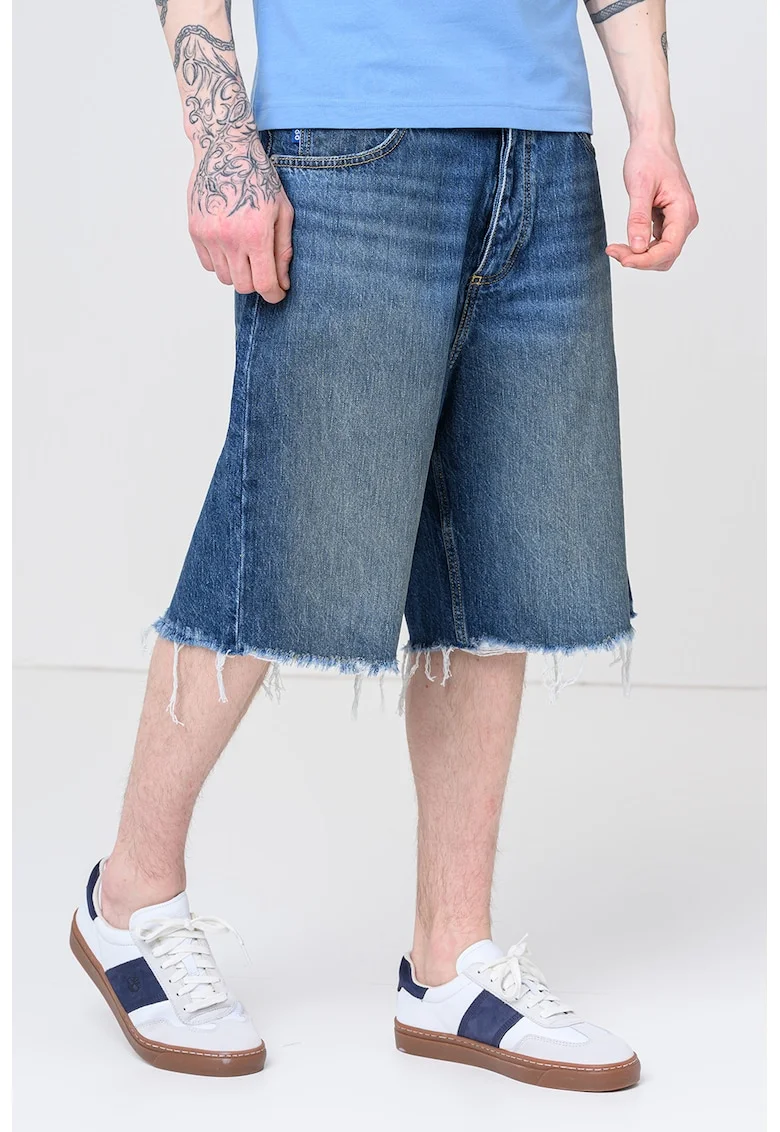 Bermude relaxed fit de denim cu margini nefinisate, Albastru melange