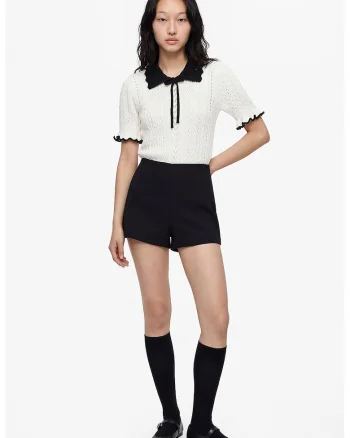 Pulover cu mansete cu volane si perforatii, Alb/Negru